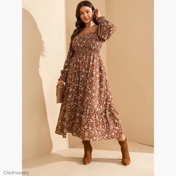 Plus Size Long Sleeve Maxi Dress Smocked Bodice Pockets Flowy A-Line - Picture 4 of 7